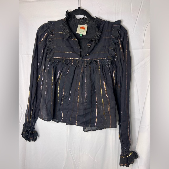 FARM RIO Metallic Stripe Ruffle Shirt In Black - Picture 3 of 8
